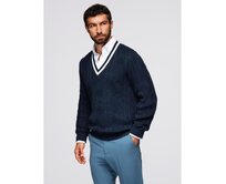 Pánský kostkovaný svetr s kulatým výstřihem – tmavě modrý V2 OM-SWSW-0151 Námořnická modrá, S