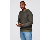 Pánský svetr s kontrastní vazbou a kulatým výstřihem – tmavě olivový V2 OM-SWSW-0122 Olivová, S
