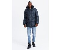 Pánská dlouhá péřová bunda s kapsami na patentky - tmavě modrá V3 Námořnická modrá, L