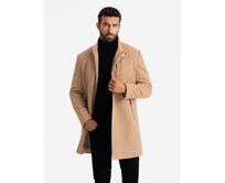 Pánský strukturovaný kabát s vysokým límcem - světle hnědý V4 Hnědá, XL