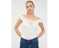 Krémové dámské tričko s krátkým rukávem s aplikací Krémová, S