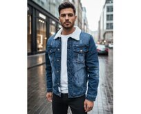 Pánská džínová bunda s podšívkou z kožešiny tmavě modrá Modrá, M