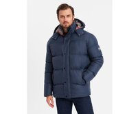 Pánská péřová bunda s kostkovanou podšívkou - tmavě modrá Námořnická modrá, L