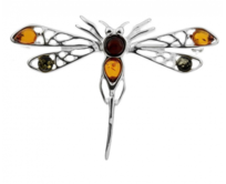 Klenoty Amber Luxusní brož s jantarem - vážka hnědá, stříbro Ag 925/1000