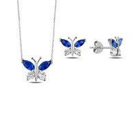 Klenoty Amber Stříbrná sada šperků motýl modrý - náušnice, náhrdelník modrá, stříbro Ag 925/1000