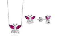 Klenoty Amber Stříbrná sada šperků motýl růžový - náušnice, náhrdelník růžová, stříbro Ag 925/1000