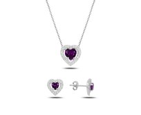 Klenoty Amber Stříbrná sada šperků srdce fialové - náušnice, náhrdelník fialová, stříbro Ag 925/1000