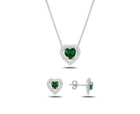 Klenoty Amber Stříbrná sada šperků srdce zelené - náušnice, náhrdelník zelená, stříbro Ag 925/1000