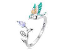 Klenoty Amber Stříbrný otevřený prsten Ptáček s květinou fialová, stříbro Ag 925/1000