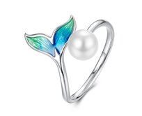 Stříbrný otevřený prsten s perlou Mořská panna zelená, stříbro Ag 925/1000