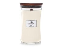 WoodWick vonná svíčka s dřevěným knotem velká Linen 609 g Bílá