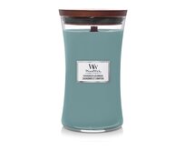 WoodWick vonná svíčka s dřevěným knotem velká Evergreen Cashmere 609 g Modrá