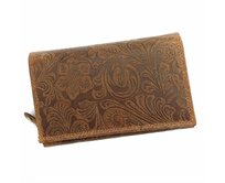 Hnědá kožená peněženka Wild by Loranzo no. 644 s ornamenty květin hnědá, kůže