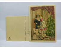 Dřevěná vánoční retro pohlednice - Děti u stromečku