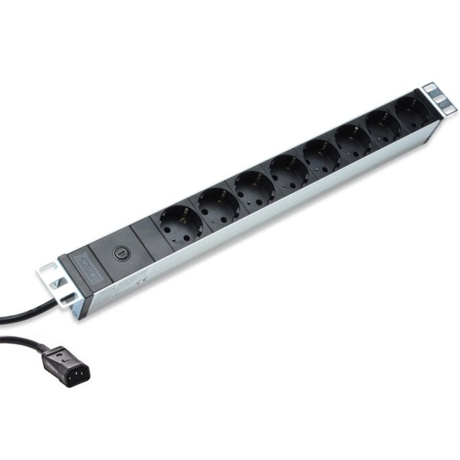 DIGITUS 1U hliníkové PDU, do racku, 10A zástrčka, 250V 50 / 60Hz, 8x zásuvky, IEC C14 zástrčka, pojistka