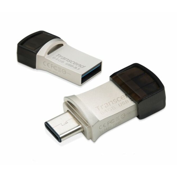 Transcend 64GB JetFlash 890, USB-C/USB 3.1 duální flash disk, malé rozměry, stříbrný kov, odolá prachu i vodě