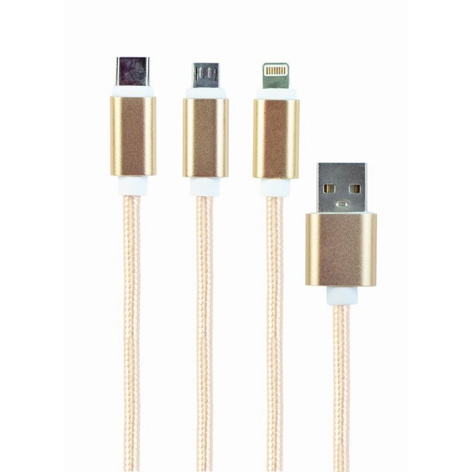 CABLEXPERT Kabel USB A Male/Micro B + Type-C + Lightning, 1m, opletený, zlatý, blister