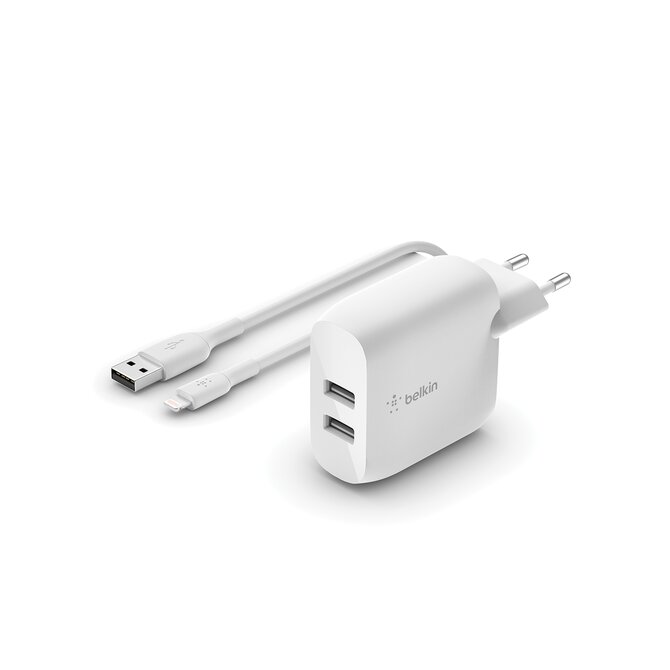 Belkin Duální 24W USB-A nástěnná nabíječka + 1m lightning kabel, bílá