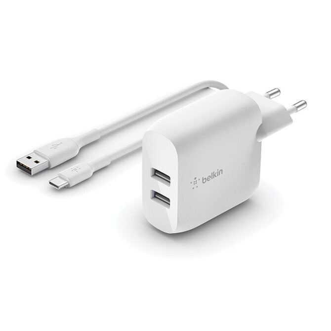 Belkin Duální 24W USB-A nástěnná nabíječka + 1m USB-C kabel, bílá