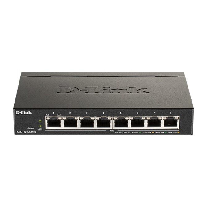 D-Link DGS-1100-08PV2 8-Port PoE Gigabit Smart Managed Switch- 8-Port 1000BaseTX Auto-Negotiating 10/100/1000Mbps Switch