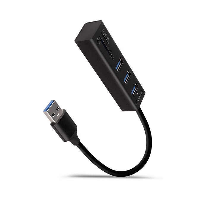 AXAGON HMA-CR3A, USB 3.2 Gen 1 hub, porty 3x USB-A + čtečka karet SD/microSD, kovový, kabel USB-A 20cm