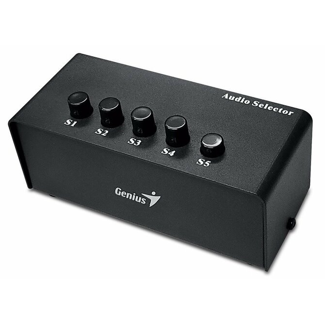 Genius Stereo Switching Box , Přepínač, audio, 2x RCA vstup, 5x 3,5mm jack výstup, stereo, černý