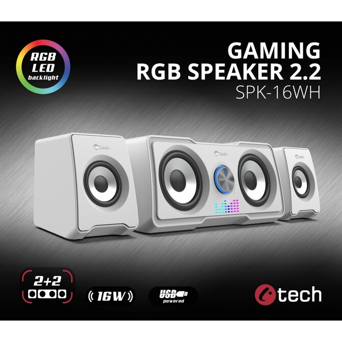 C-TECH reproduktory SPK-16, 2.2, 16W,  RGB podsvícení, 3,5mm jack, USB napájení, bílé