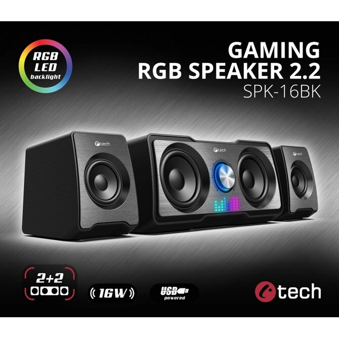 C-TECH reproduktory SPK-16, 2.2, 16W,  RGB podsvícení, 3,5mm jack, USB napájení, černé