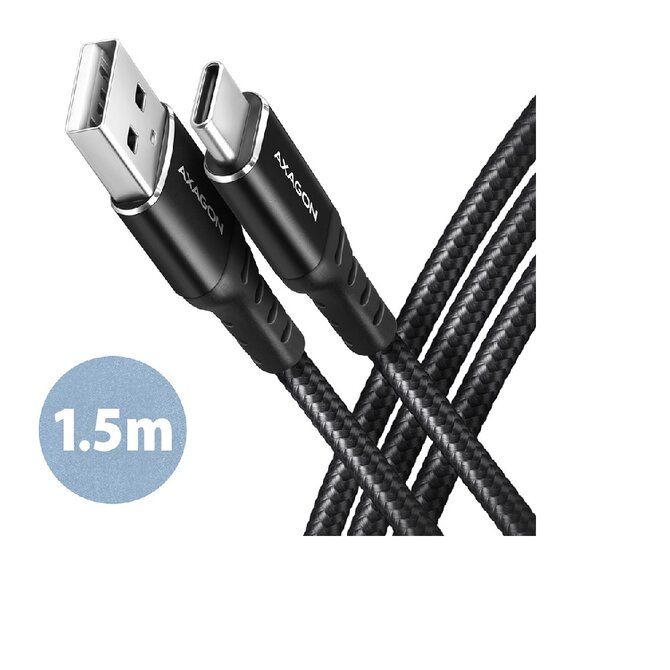 AXAGON BUCM-AM15AB, HQ kabel USB-C <-> USB-A, 1.5m, USB 2.0, 3A, ALU, oplet, černý