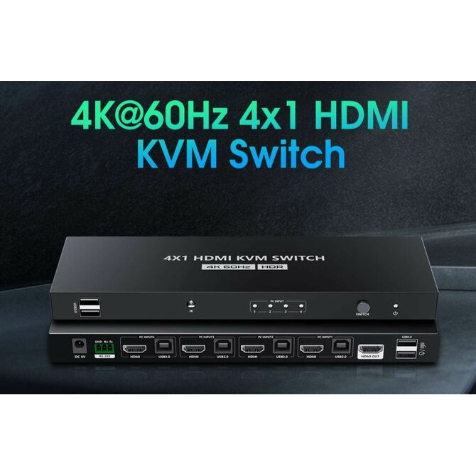 PremiumCord 4K@60Hz HDMI2.0 KVM switch 4:1 s dálkovým ovladačem