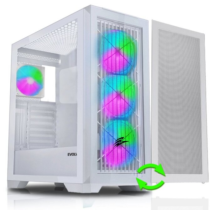 EVOLVEO Ptero Q2W+, Počítačová skříň 2x čelní panel - sklo /mřížka, 4x vent, case ATX - bílá