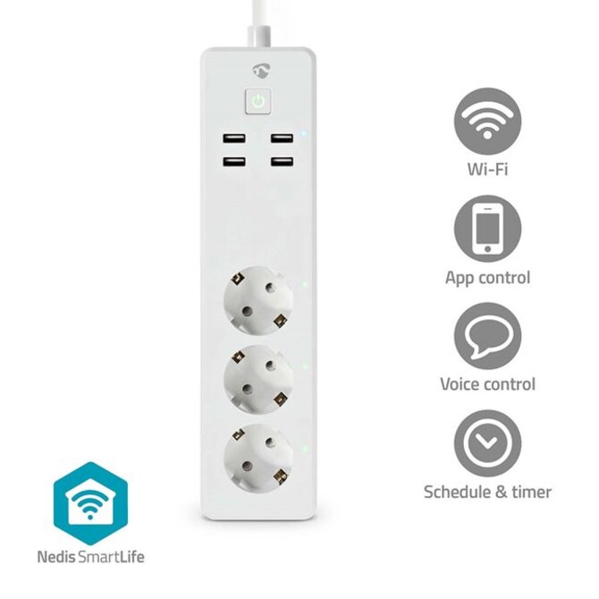 Nedis WIFIP312FWT - SmartLife Prodlužovací Přívod| Wi-Fi | 3x Zásuvka typu F (CEE 7/3) / 4 x USB | 3680 W | 1.8m | Bílá 