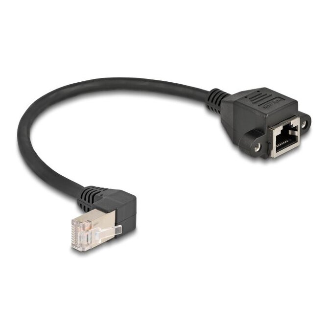 Delock Síťový prodlužovací kabel ze zástrčky S/FTP RJ45, pravoúhlý (90°), na integrovanou zásuvku RJ45, Cat.6A, 0,25 m, 