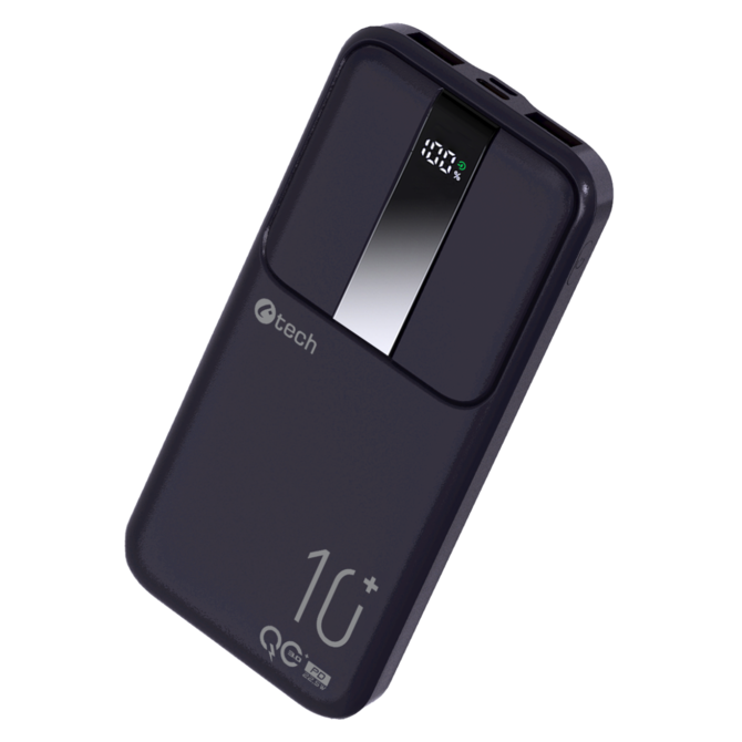 C-TECH Powerbanka 10000mAh, Li-Pol, 22,5W, USB-C/USB-A/micro USB/PD/Quick charge/display