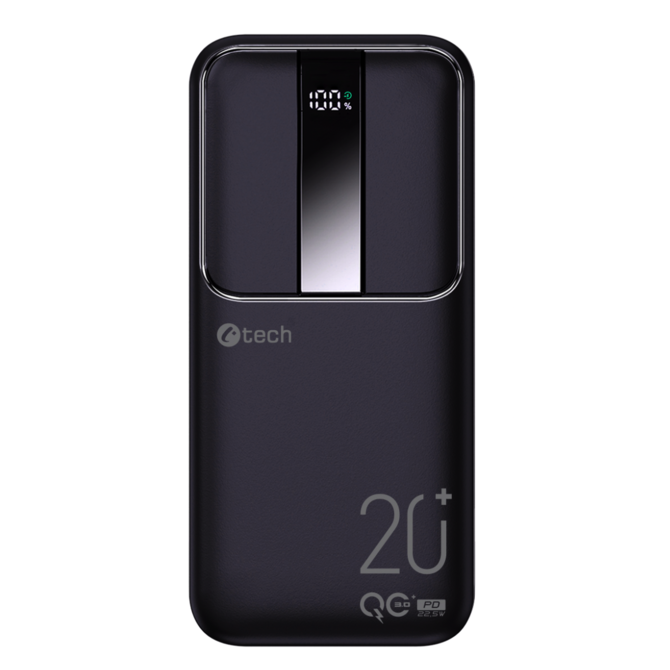 C-TECH Powerbanka 20000mAh, Li-Pol, 22,5W, USB-C/USB-A/micro USB/PD/Quick charge/display