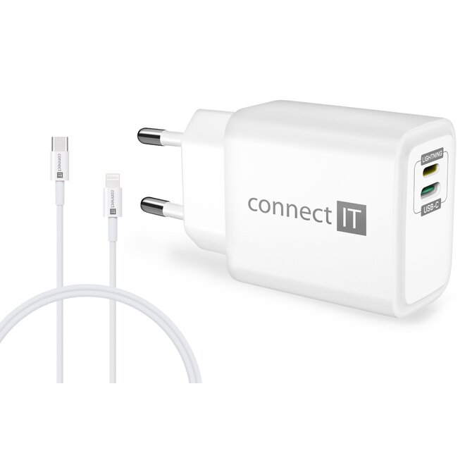 CONNECT IT DUPLEX Nabíjecí adaptér 1xLightning + 1×USB-C, 20W, kabel 27W, BÍLÝ