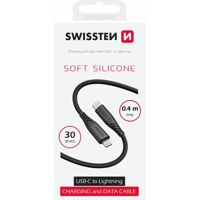 SWISSTEN DATOVÝ KABEL SOFT SILICONE USB-C / LIGHTNING 0,4 M ČERNÝ