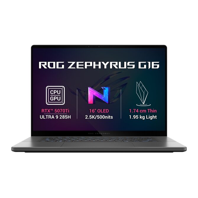 ASUS ROG Zephyrus G16 - Ultra 9 Processor 285H/32GB/2TB SSD/RTX 5070Ti 12GB/16"/2,5K/OLED/240Hz/2y PUR/Win 11 Pro/šedá