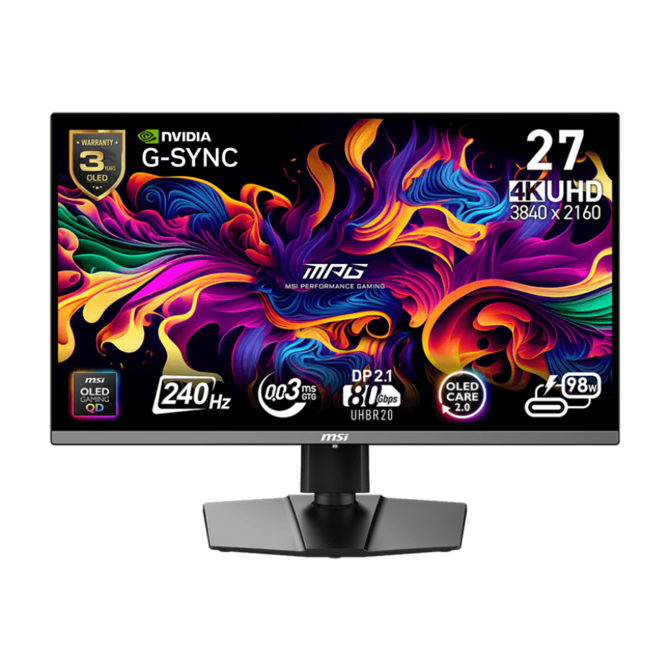 MSI MPG 272URX QD-OLED,26,5" QD-OLED/4K 3840x2160/ 240Hz/0,03ms/2x HDMI/DP/USB-A,B,C/Výškově nastavitelný/Pivot/černá