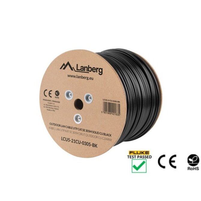 LANBERG LAN KABEL CAT.5E UTP 305M PEVNÝ VENKOVNÍ CU ČERNÝ FLUKE PASS 