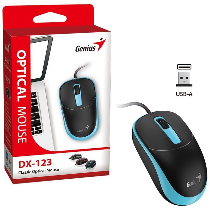 Genius DX-123 Myš, drátová, optická, 1200DPI, 3 tlačítka, USB, černo-modrá