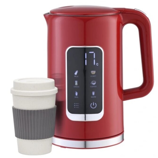 PLATINET RYCHLOVARNÁ KONVICE LCD 1,7L 5 TEPLOT + 450 ML CESTOVNÍ HRNEK, ČERVENÁ