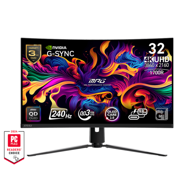 MSI MPG 321CURX QD-OLED gaming monitor 31,5" QD-OLED zakřivený/UHD/240Hz/0,03ms/2xHDMI/DP/USB-A,B,C/Výšk.nast/černá