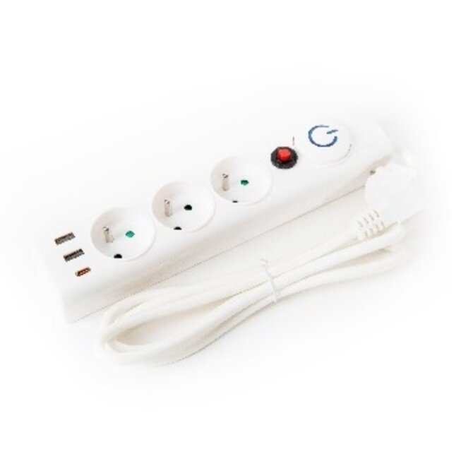 PLATINET FIESTA prodlužovací lišta 3x zásuvka, 3x USB (vč. USB-C), 10 A, 1,5m, typ E, bílá