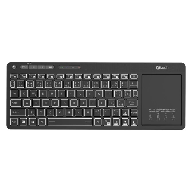 C-TECH klávesnice WLTK-03, Dual mode, BT5.0 + 2,4GHzb, bezdrátová s touchpadem, LED podsvětlení, černá