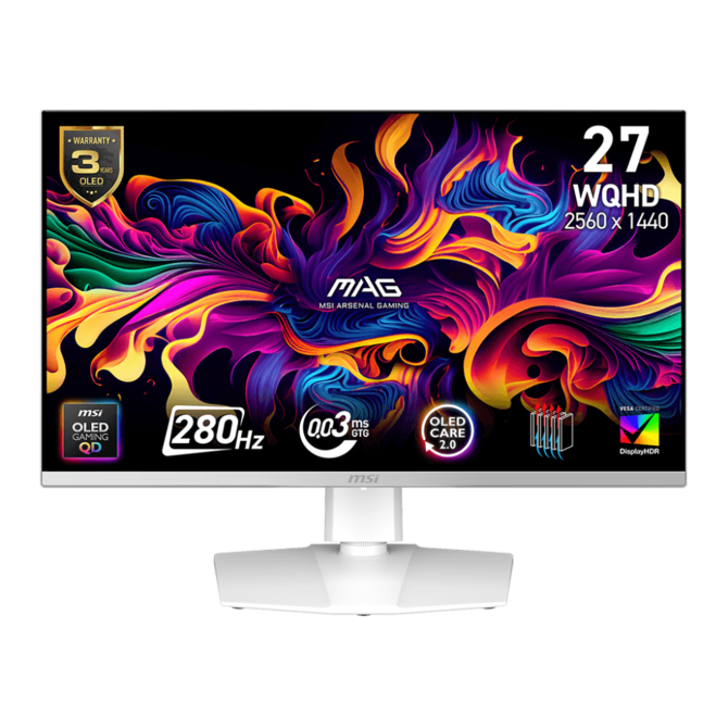 MSI MAG 272QPW QD-OLED X28 gaming monitor 26,5" QD-OLED/2560x1440 (WQHD)/280Hz/0,03ms/2xHDMI/DP/USB-C/Výšk.nast./Pivot/Bílá