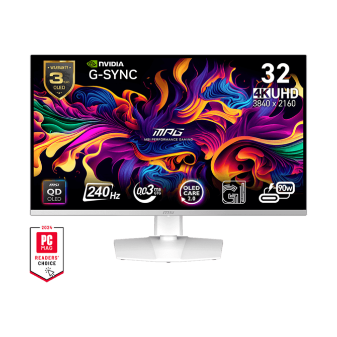 MSI Gaming monitor MPG 321URXW QD-OLED, 31,5" QD-OLED/4K 3840x2160/240Hz/0,03ms/DP/2xHDMI/USB-A,B,C/Výšk. nast./Pivot/bílá