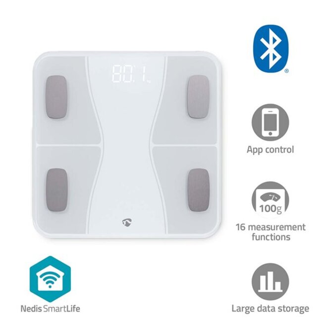 Nedis BTHPS11WT - SmartLife Osobní Váha | BMI / BMR / Hmotnost / Kosti / Svaly / Tuk / Voda | 180 kg | Android &  iOS | 