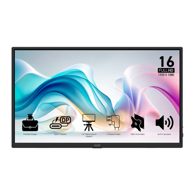 MSI přenosný ultra tenký monitor PRO MP165 E6, 15,6" IPS/1920 x 1080 FHD/60Hz/4ms/2xUSB-C/HDMI/černá