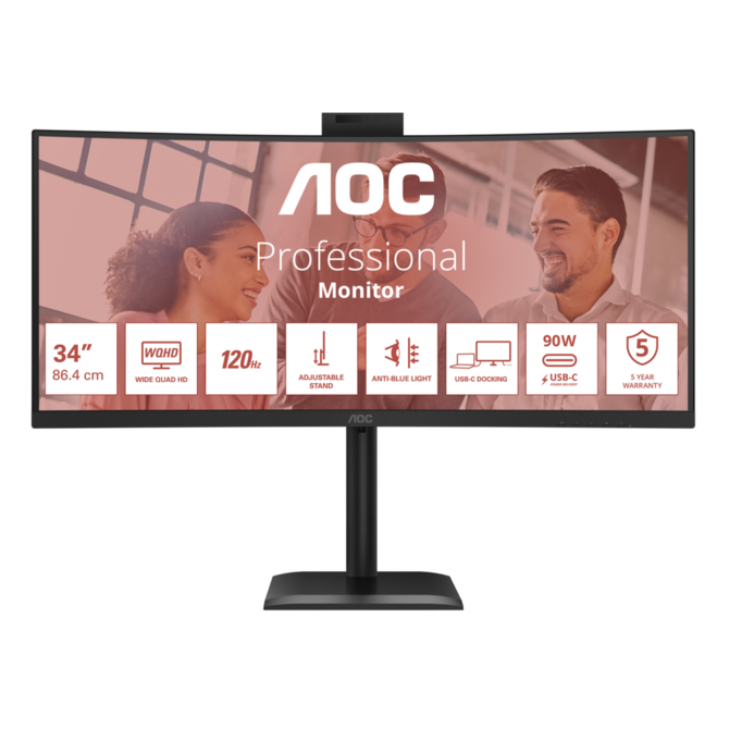 AOC LCD CU34E4CW 34" zakřivený VA/3440x1440@120Hz/4ms/350cd/2xHDMI/DP/4xUSB/2xUSB-C/RJ45/Webcam/Repro/HAS/VESA